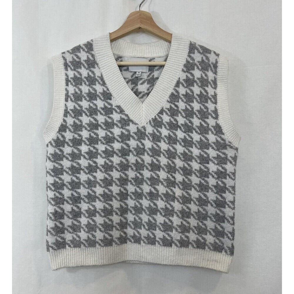 PINK ROSE Women’s Houndstooth Print Grey Oversized V-Neck Sweater Vest Size M